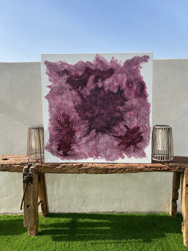 Fulgor - pintura abstracta con acrílico y vino sobre lienzo 100x100 cm - Olga Silvia García López