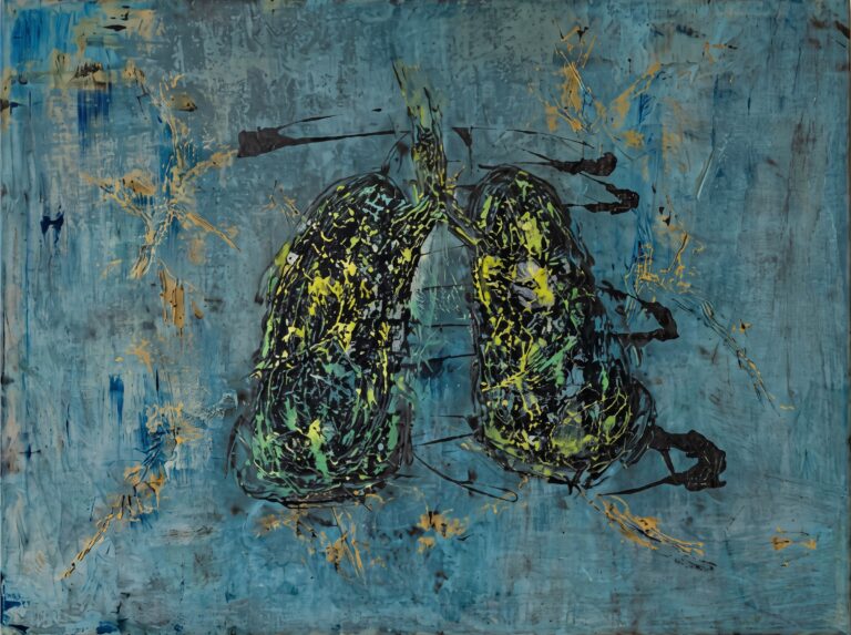 Cuadro RESPIRA de Olga Garlo, pintura abstracta en tonos azules con formas de pulmones en acrílico sobre lienzo, 80x60 cm