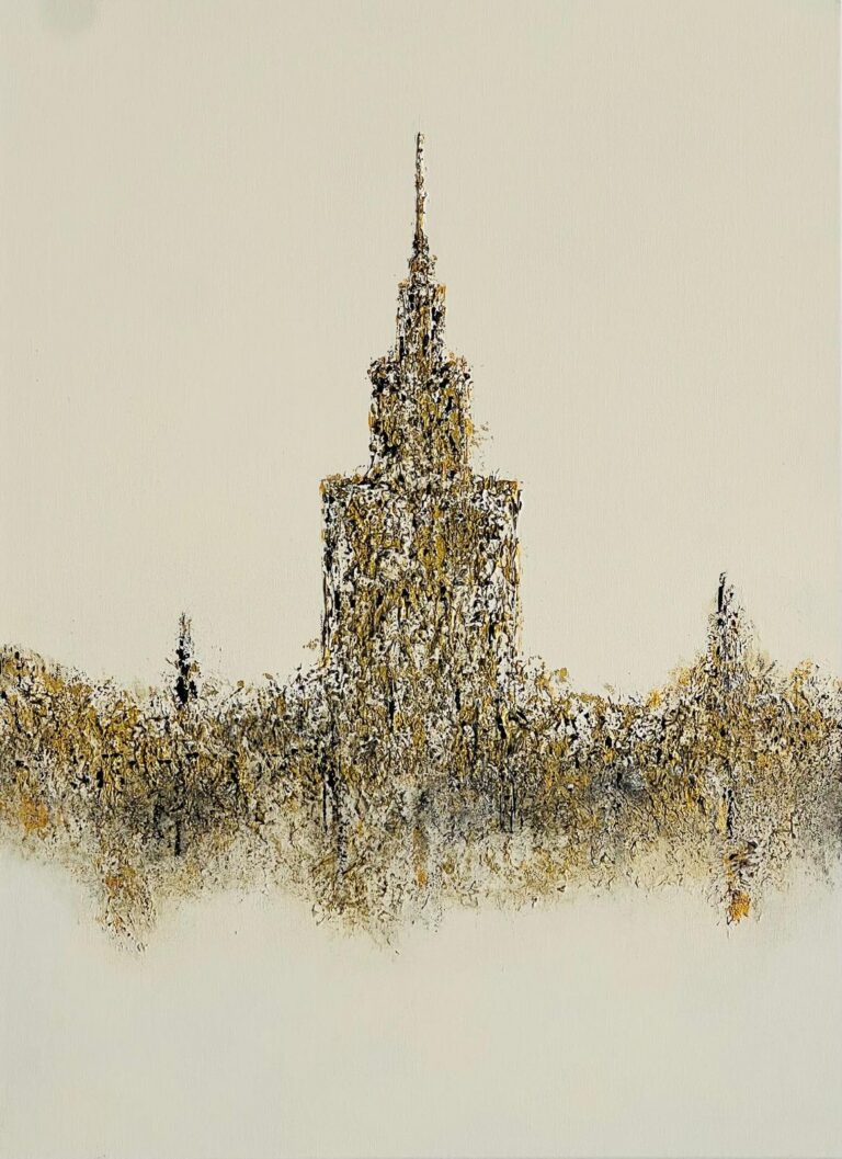 Pintura abstracta texturizada de un skyline con una torre central de aguja alta flanqueada por dos torres más pequeñas, en tonos dorado, negro y blanco sobre fondo beige, con reflejo difuminado en la parte inferior