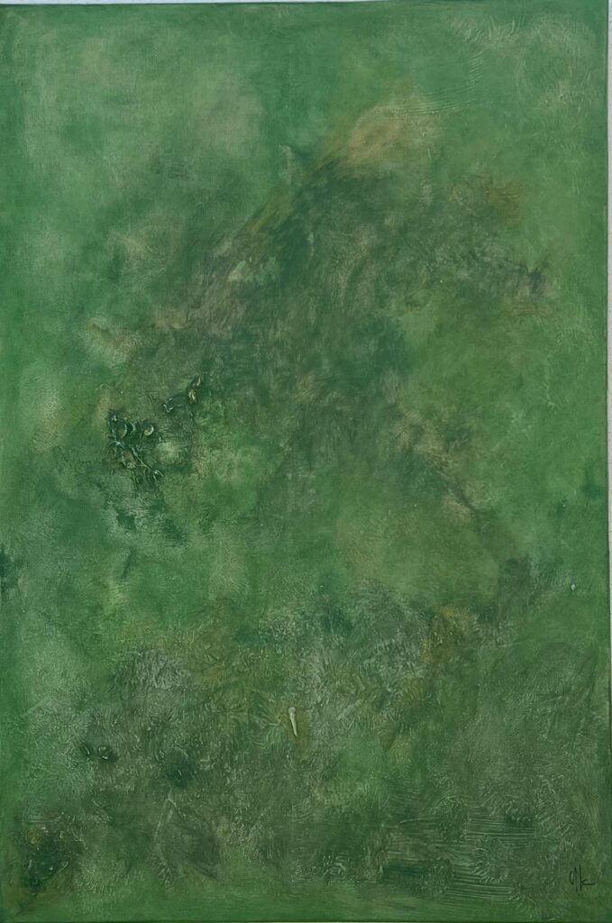 Panel del díptico Salvia de Olga Garlo, acrílico texturizado en verde con matices dorados sobre lienzo