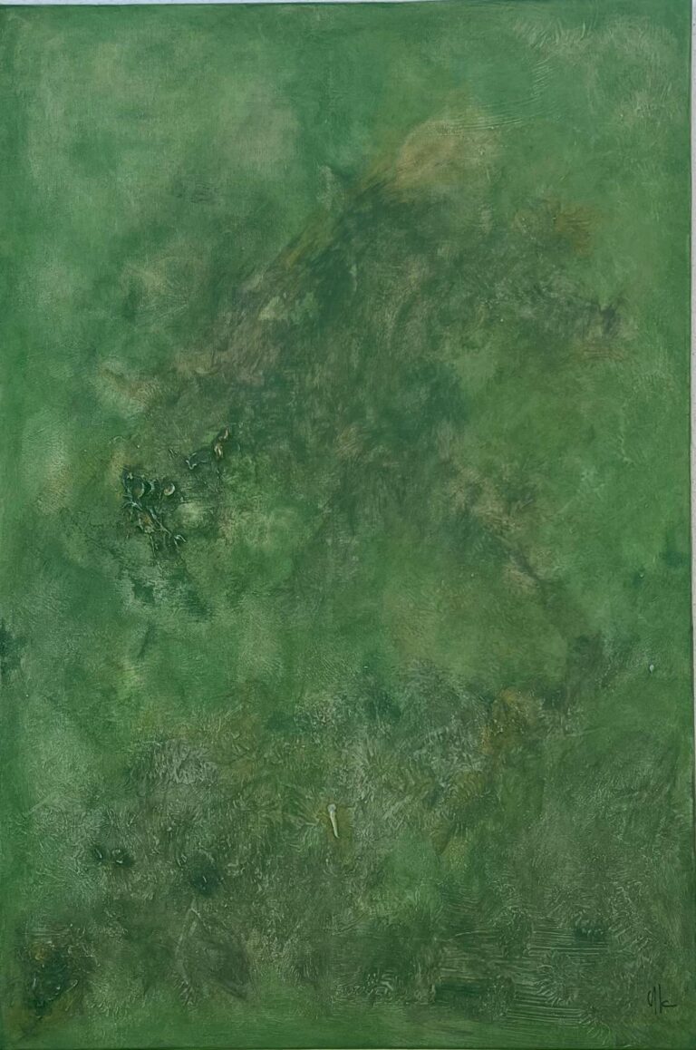 Panel del díptico Salvia de Olga Garlo, acrílico texturizado en verde con matices dorados sobre lienzo
