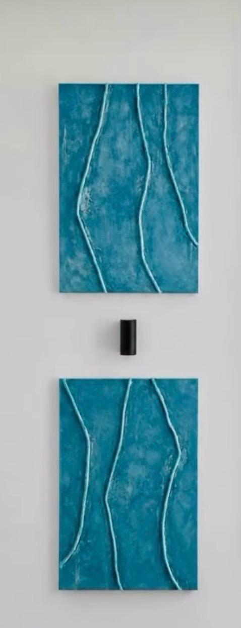 Díptico Turquesa de Olga Garlo, acrílico con textura sobre lienzo en tonos azul turquesa, 60x90 cm cada pieza