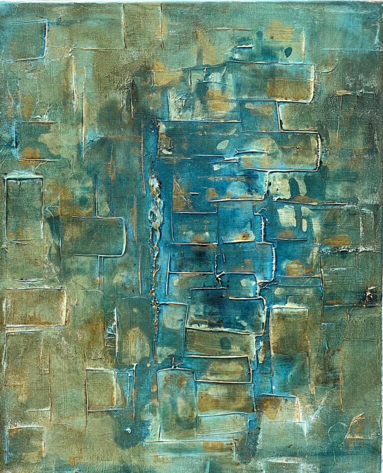 El lugar de cada pieza, cuadro abstracto con textura de bloques en azul turquesa, verde y dorado, acrílico sobre lienzo 40x50 cm