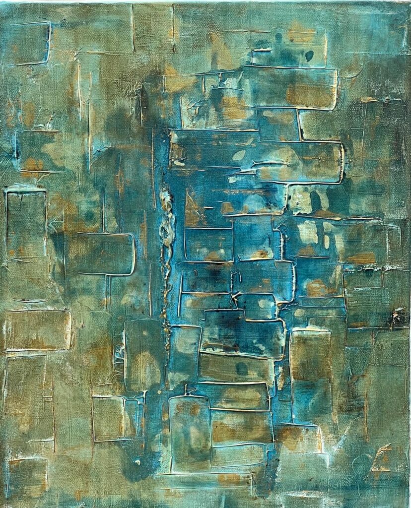 El lugar de cada pieza, cuadro abstracto con textura de bloques en azul turquesa, verde y dorado, acrílico sobre lienzo 40x50 cm