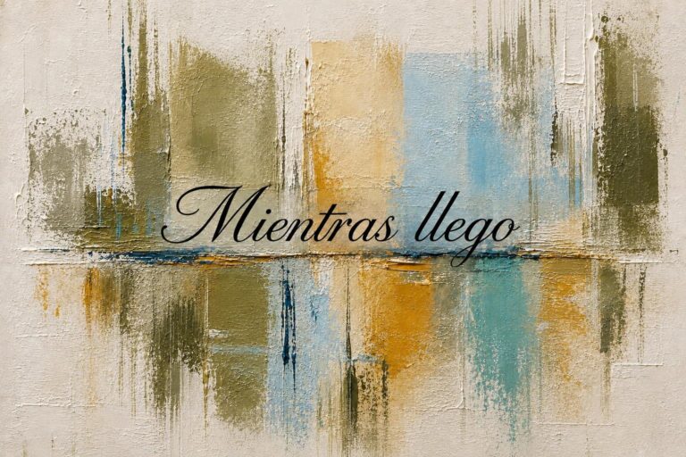 Mientras llego, colección de pintura abstracta de Olga García López: bloques de color en verde oliva, ocre y azul reflejados sobre fondo crema con textura