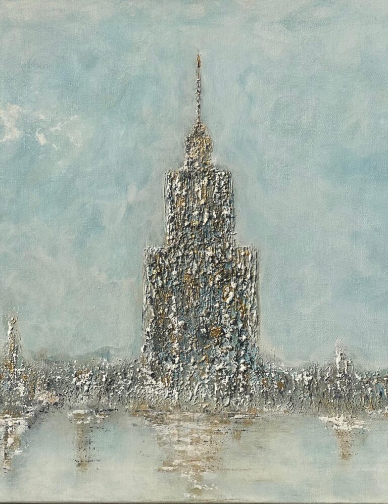 Serie Presencia, variación de la torre dorada de Olga García López: aguja en dorado y bronce con textura de espátula sobre lienzo crema